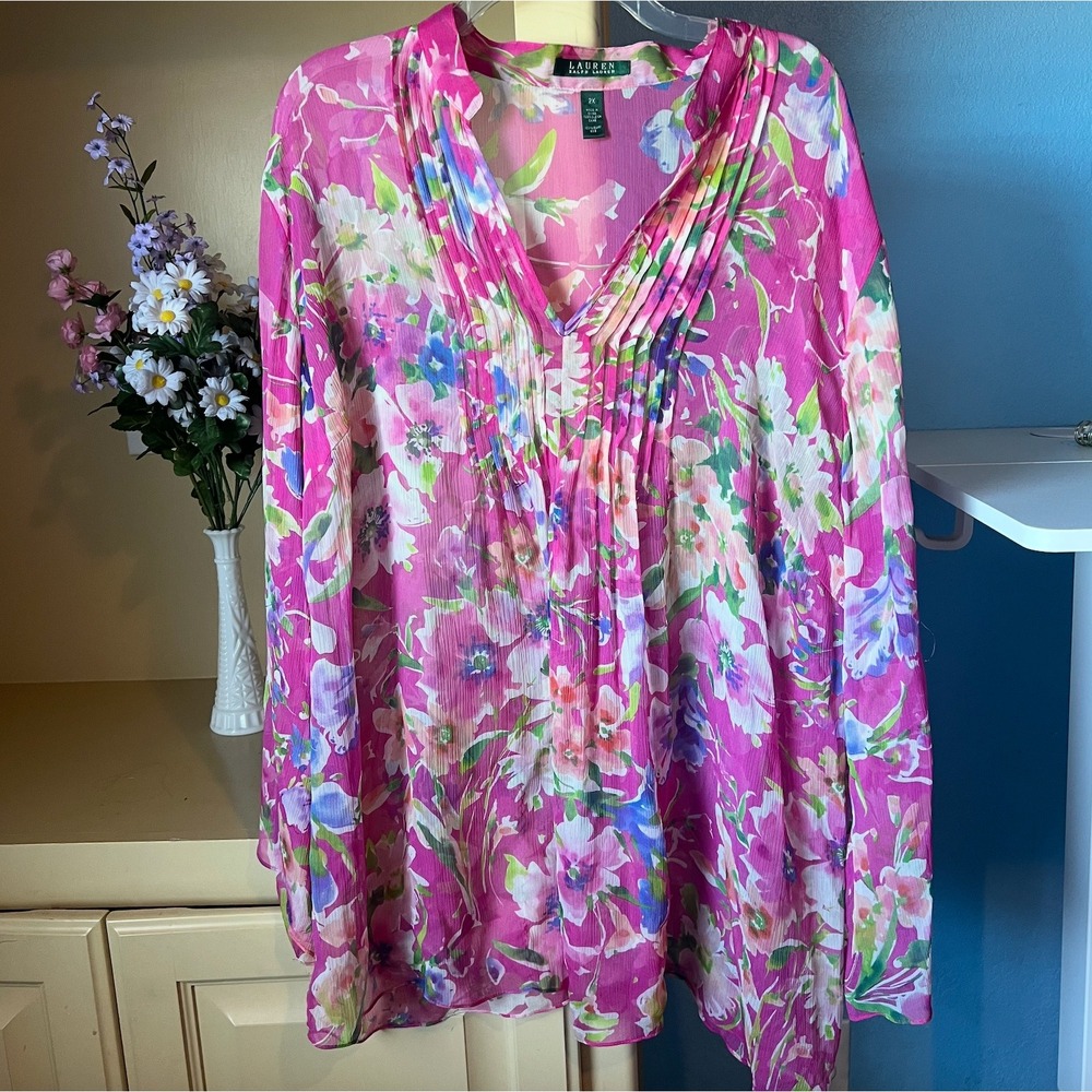 Lauren Ralph Lauren 2X Floral Silk Blouse Colorful Art to Wear Office Feminine